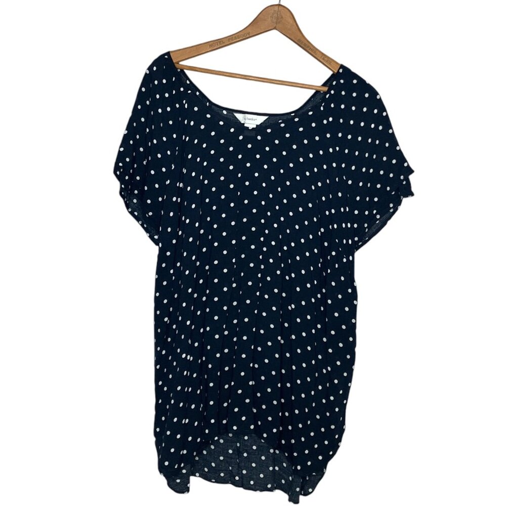 CJ Banks Size 1X Navy Blue White Polka Dot Rayon Pullover Top‎ Blouse Shirt Plus